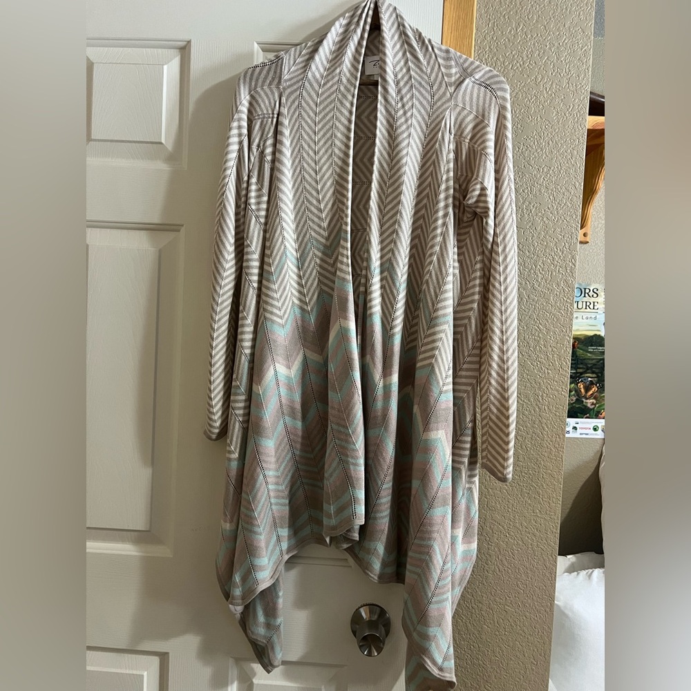 Zoe Couture Zig Zag Patterned Silk Cashmere Draped Cardigan Beige Blue Pink